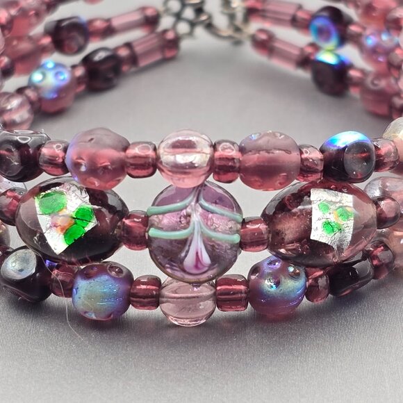 VTG Sterling Silver Purple AB Crystal Foil Leaf & Floral Beaded Bracelet 7.5" - Picture 5 of 10